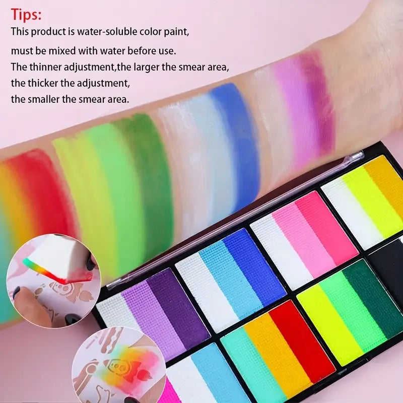 Palette Rainbow Stripe Paint Set with Brushes, Water Based Dual-Tone Face and Body Paint Palette, Christmas Halloween  Cosplay Tri Light Beauty