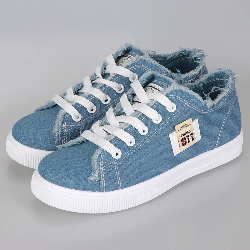 2024 Spring Summer Women Canvas Sneaker Low Top Denim Sneakers Ladies Lace-Up Flat Canvas Board Shoes Female Sapatos Femininos Pi-Mart