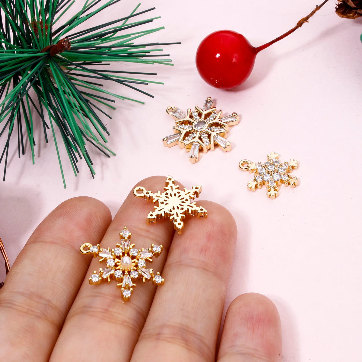 1 Piece Brass Christmas Charms 18K Gold Plated Christmas Snowflake Clear Cubic Zirconia Pendants For DIY Jewelry Making Findings Pi-Mart