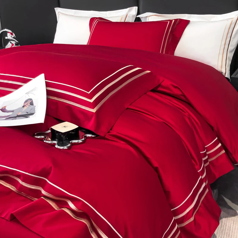 Hotel Style Bedding Set Luxury Golden Embroidery Duvet Cover Grey Egyptian Cotton Bed Sheets Pillowcases Solid Color Bedclothes Pi-Mart