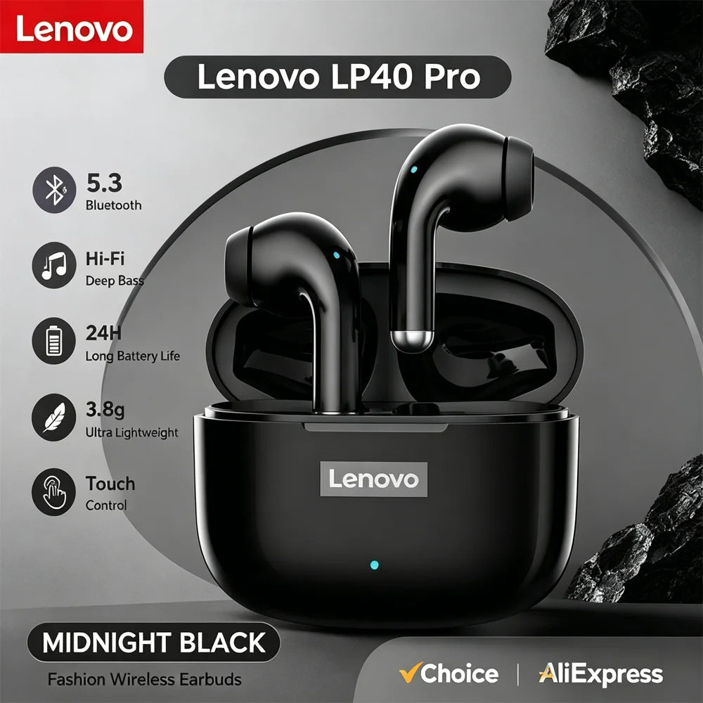 Lenovo LP40 Pro TWS Bluetooth 5.4 Wireless Headphones HiFi Stereo Earphones Gaming Sports Touch Control HD Call With Mic Earbuds Pi-Mart