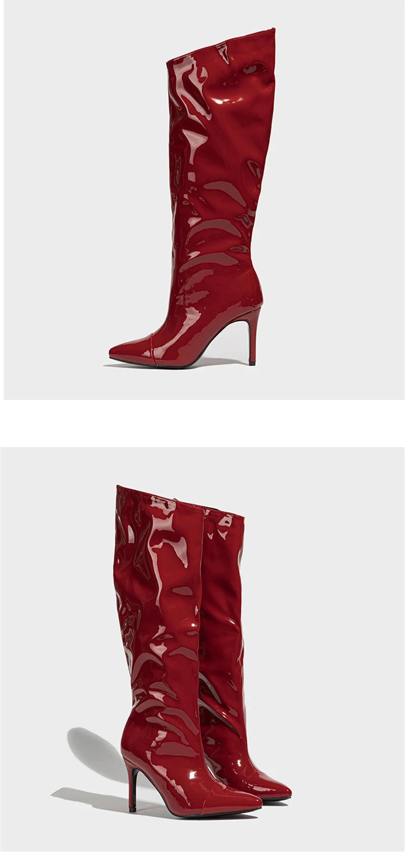 Liyke Fashion Runway Pleated Patent Leather Boots Female Pointed Toe Stiletto Heels Pumps Autumn Winter Knee High Shoes Women Pi-Mart
