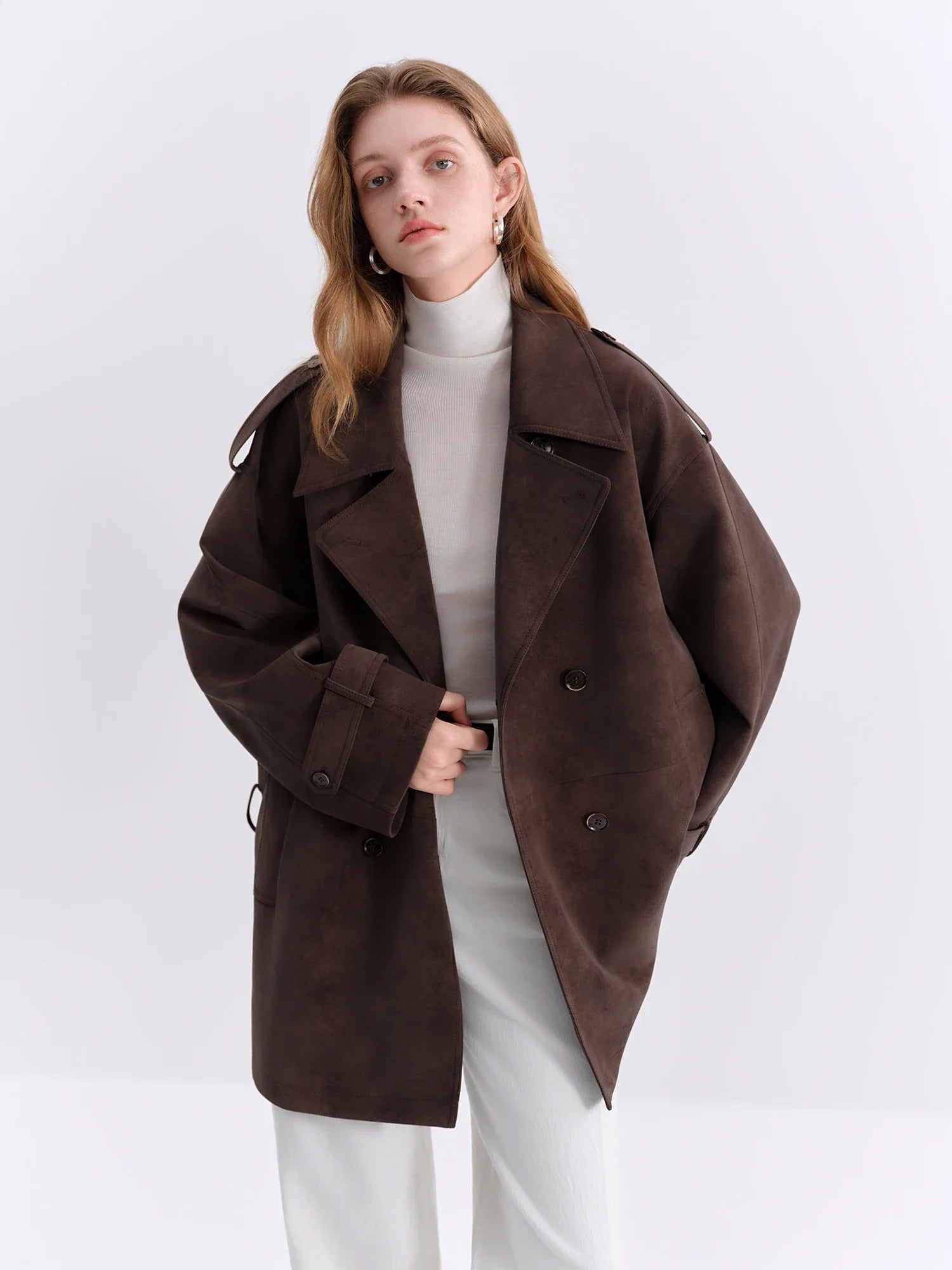 FSLE Retro Double-breasted Lapel Loose Leather Jacket for Women 2025 Winter New Casual Coffee-colored Jacket Loose Fit LadyShow.Store