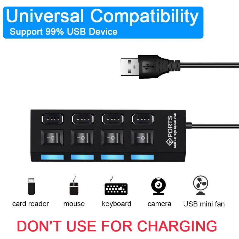 High Speed 4/7 Ports USB HUB 2.0 Adapter Expander Multi USB Splitter Multiple Extender with LED Lamp Switch for PC Laptop Pi-Mart