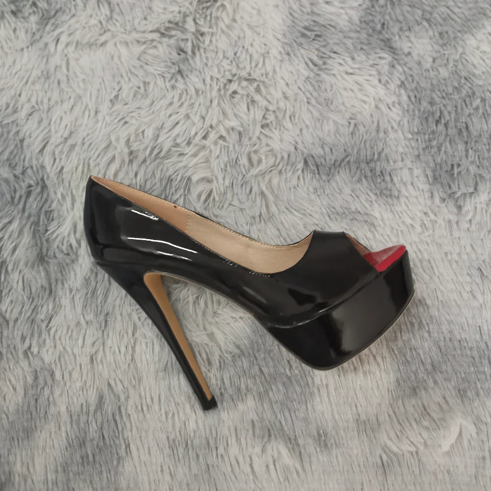 Women Pumps Sexy Platform Peep Toe 14cm Extremely Thin High Heels Stiletto Patent Leather Fashion Party Nighclub Wedding Shoes Pi-Mart