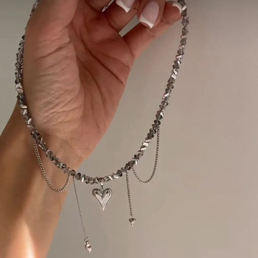 New Irregular Choker Vintage Tassels Zircon Heart Pendant Necklace For Women Female White Imitation Pearl Chain Valentine's Gift Pi-Mart