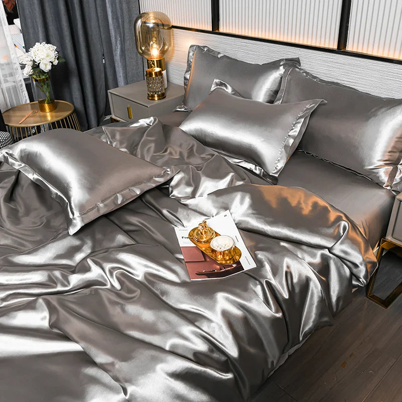 A/B Double-Sided Color Bedding Set Silky Satin Duvet Cover Bed Sheet Pillowcase Luxury Bedsheet King Queen Double Twin Size LadyShow.Store