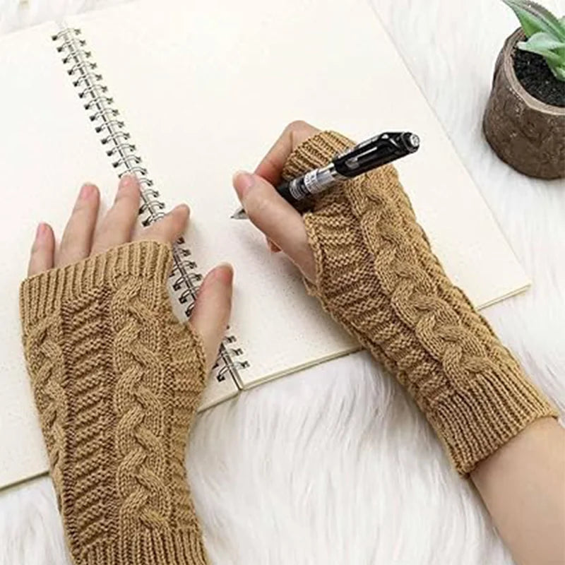 Women Stylish Hand Warmer Winter Gloves Arm Crochet Knitting Faux Wool Mitten Warm Fingerless Glove Twist Pattern Women Gloves Pi-Mart