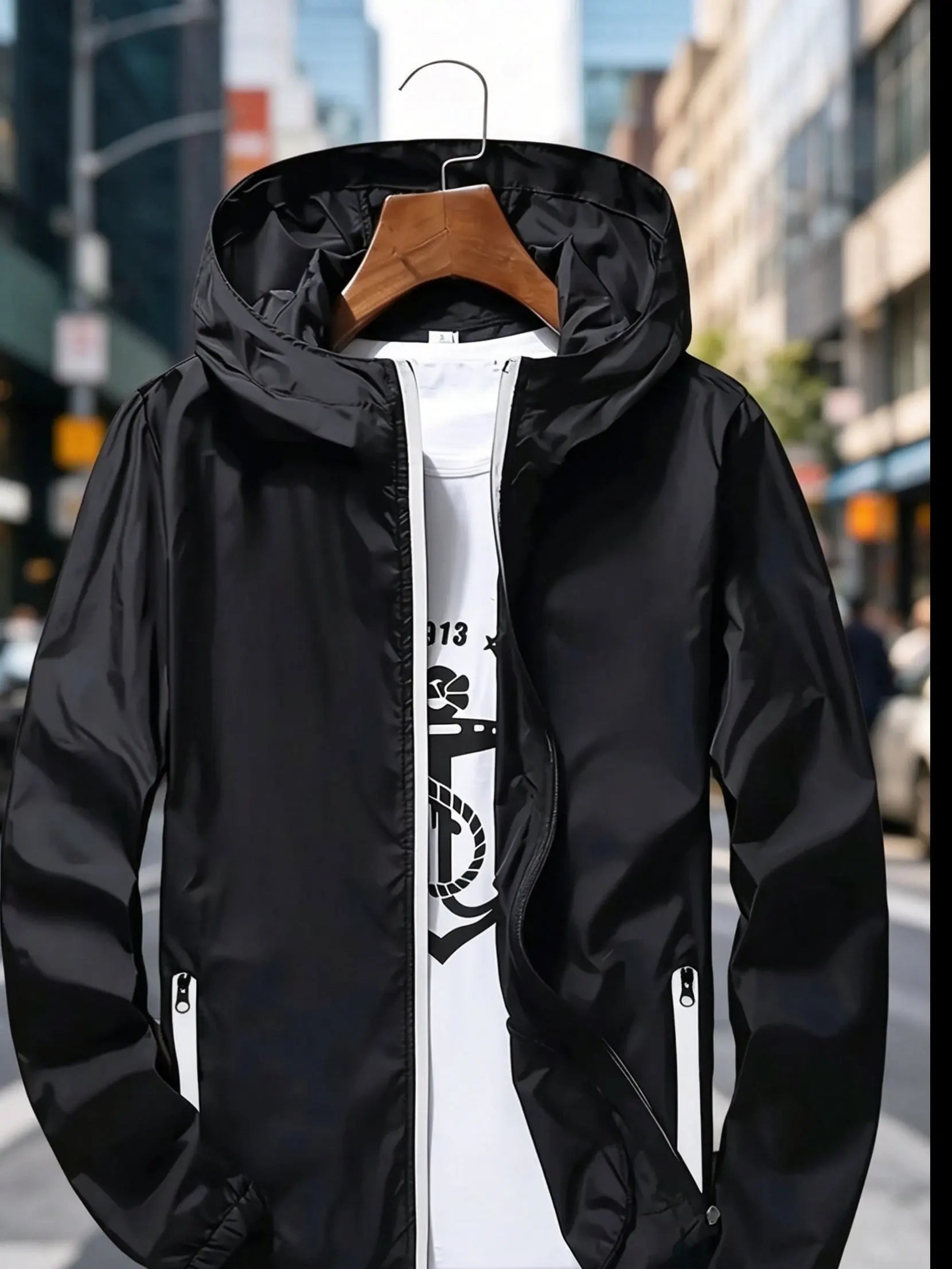 Men's Premium Lightweight Hooded Windbreaker, Quick-Dry Full-Zip Casual Jacket with Zipper Pockets for Street & Outdoor Wear LadyShow.Store