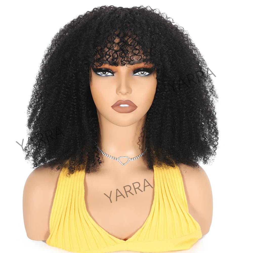 Afro Kinky Curly Human Hair Wig With Bangs For Black Women 180% Density Glueless Brazilian Remy Full Machine Made Hair Yarra LadyShow.Store