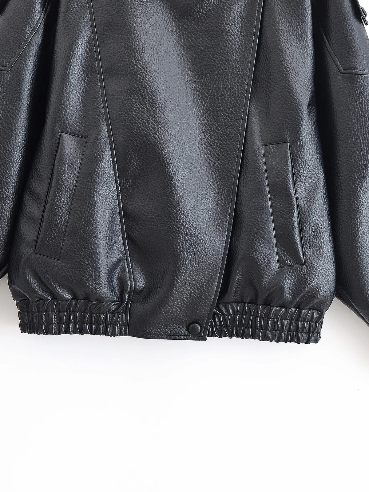 HH Autumn Faux Leather Jacket For Women Casual Solid Long Sleeve Zipper Pu Leather Coats New Fashion Female Streetwear Pi-Mart