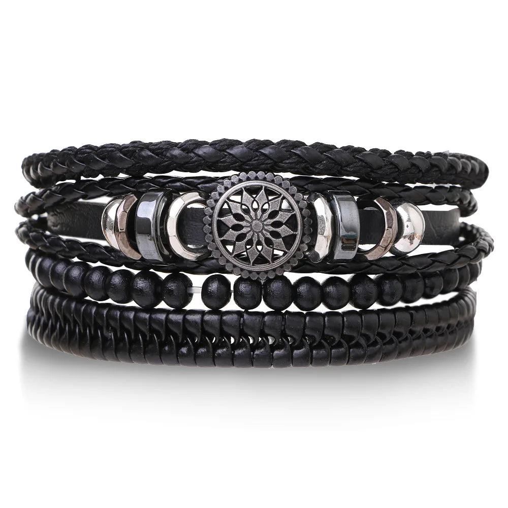 4Pcs/ Set Braided Wrap Leather Bracelets for Men Vintage Life Tree Rudder Charm Wood Beads Ethnic Tribal Wristband Rope Bracelet Pi-Mart