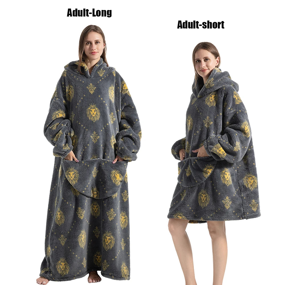 Women Plush Fleece Blanket Men Warm Thick Hoodies Adult Giant TV Blanlets with Sleeves Super Long Cold-proof Homewear Pajamas Pi-Mart