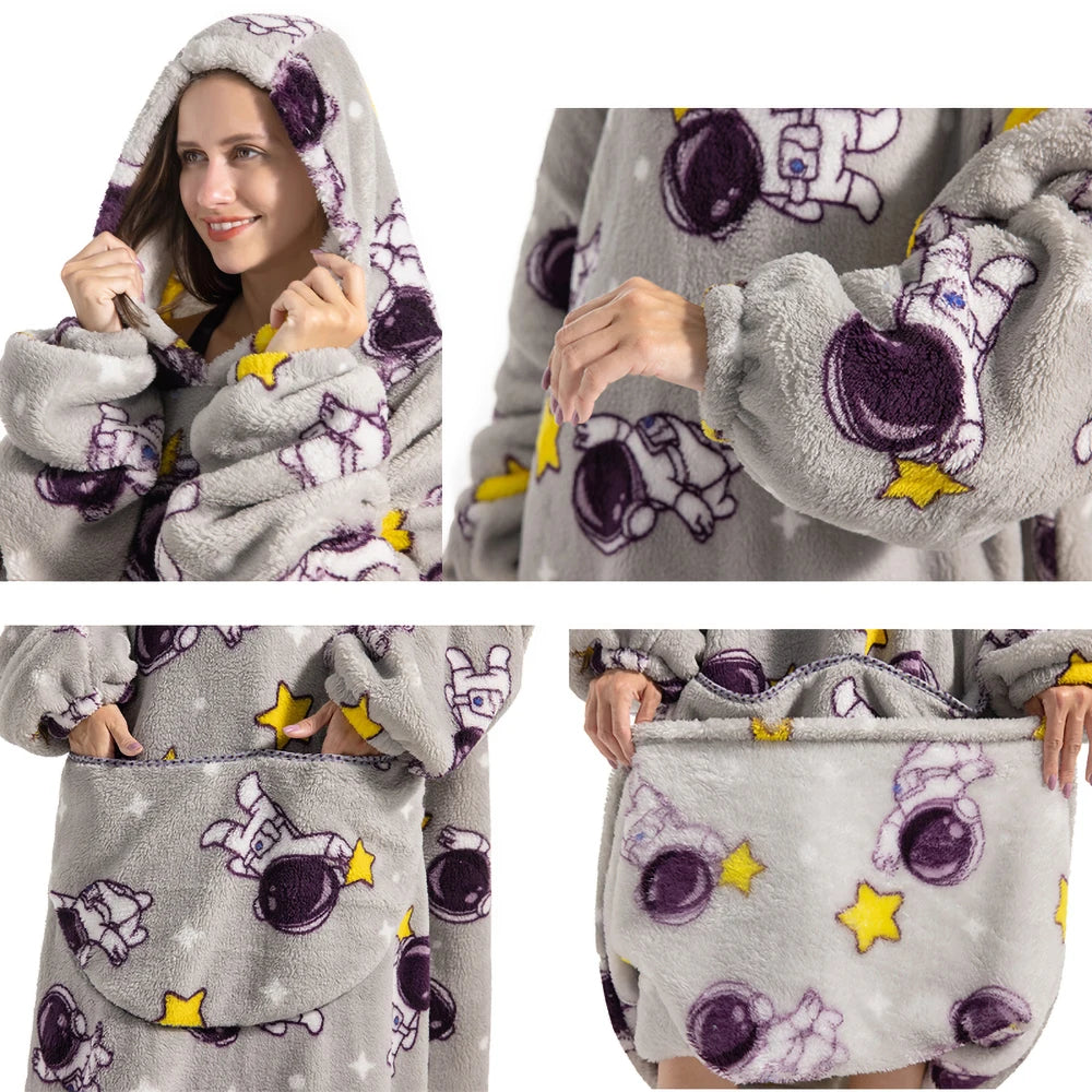 Women Plush Fleece Blanket Men Warm Thick Hoodies Adult Giant TV Blanlets with Sleeves Super Long Cold-proof Homewear Pajamas Pi-Mart