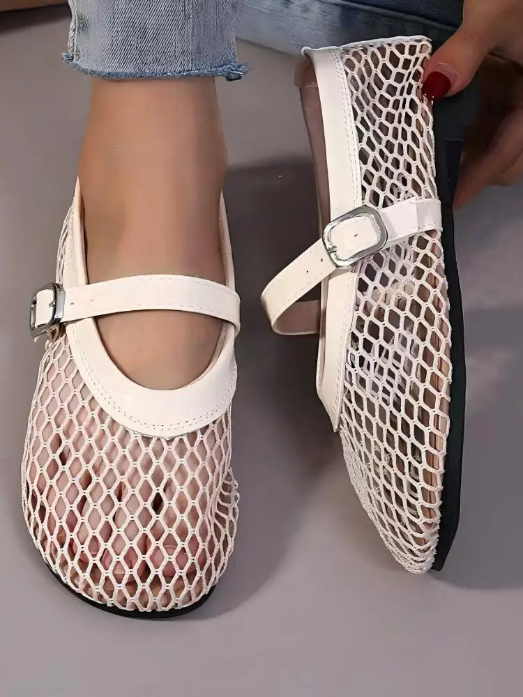 Women's Mary Jane Flats 2026 New Hollow Out Mesh Breathable Fishnet Ankle Strap Casual Summer Sandals Pi-Mart