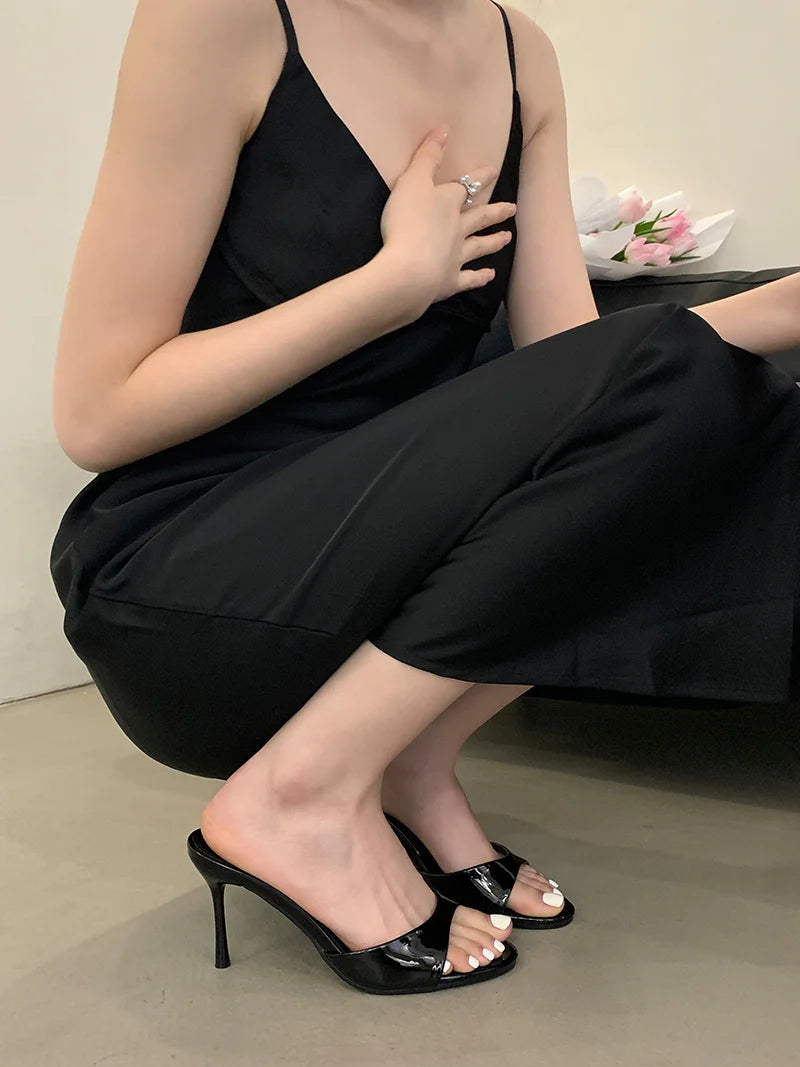 Liyke Wine Red Patent Leather Women Slippers Sandals Fashion Round Open Toe Thin High Heels Mules Slides Summer Party Dress Shoe Pi-Mart