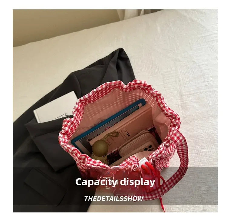 Large Capaci Cute Plaid Cotton Tote Bag  Lace Trim Women's Summer 2025 Simple Lady Handbag Soft Shoulder Bags Bolsa Feminina Pi-Mart