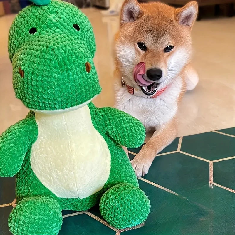 Green, Durable, Chewable Plush Dinosaur Dog Toy with Squeaks - An Interactive Pet Toy Suitable for Medium-Sized Dogs. Pi-Mart