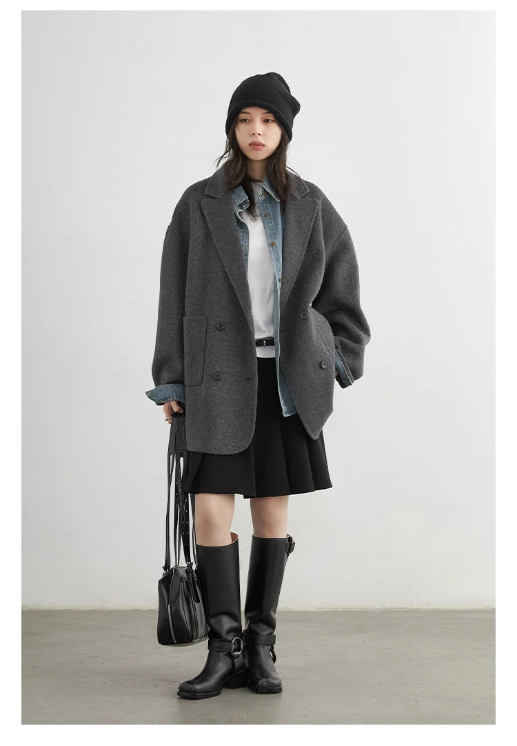 CHIC VEN New Women Woolen Coat Loose Solid Mid-length Double-sided Oversized Office Ladies Jackets Outerwear Autumn Winter 2026 Pi-Mart