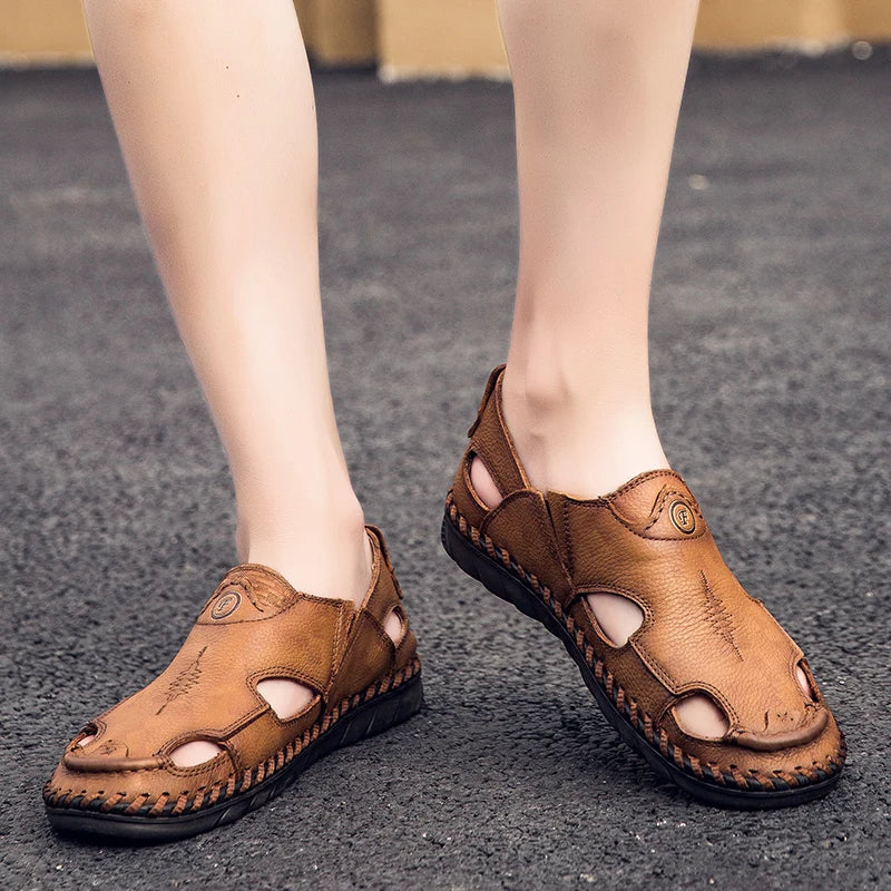 Summer Men Sandals Genuine Leather Mens Casual Shoes Outdoor Men Leather Sandals for Men Beach Shoes Roman mens Shoes Pi-Mart