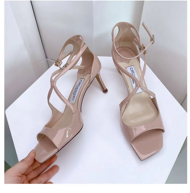 Luxury Sequined Women Gladiator Sandals Summer Designer Shoes for Women 2026 Square Head Hollow High Heels Fashion Ladies Shoes Pi-Mart