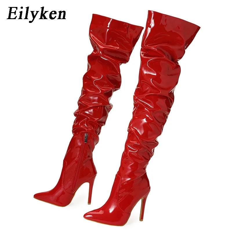 Eilyken Red Women Over The Knee Boots High Heels Patent Leather Solid Pointed Toe Stiletto Side Zipper Sapatos Femininos LadyShow.Store