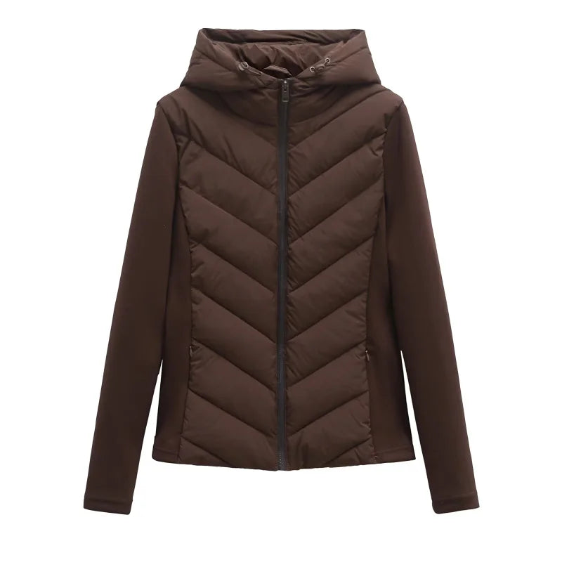 ETJ 2025 new  women's elegant fashion patchwork long sleeve standing collar hooded cotton jacket sport coat 8073227 Pi-Mart