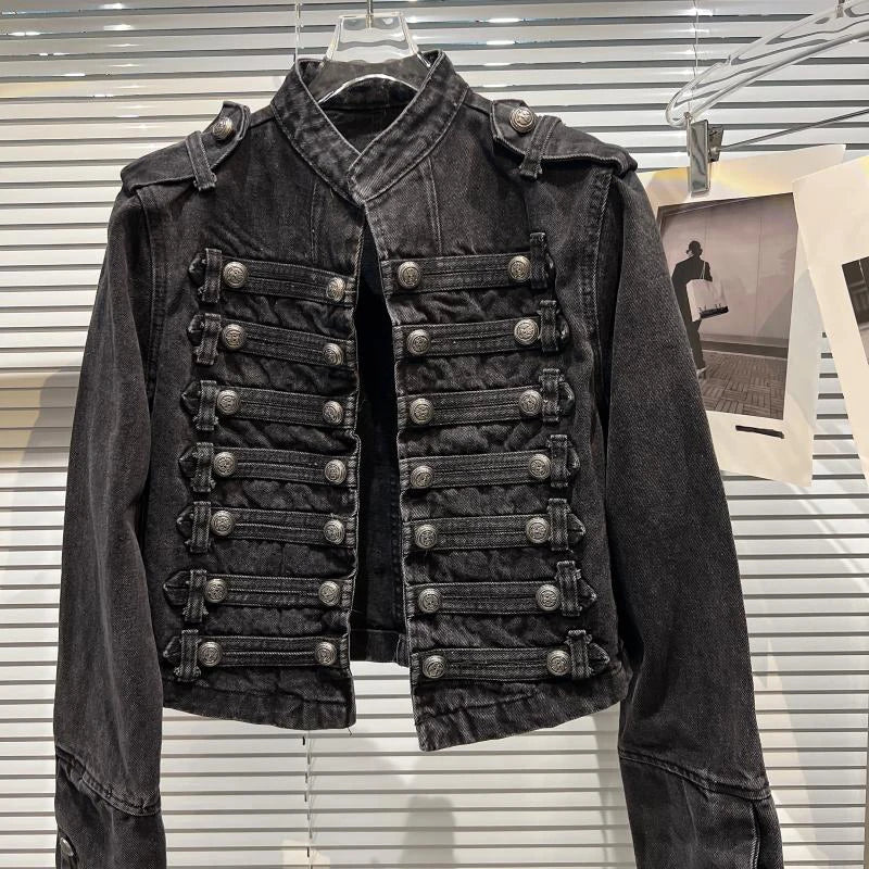 Punk Style Black Stand Up Collar Denim Jackets Vintage Washed Motor Coat For Women 2025 Autumn New Loose Long Sleeve Outerwear LadyShow.Store