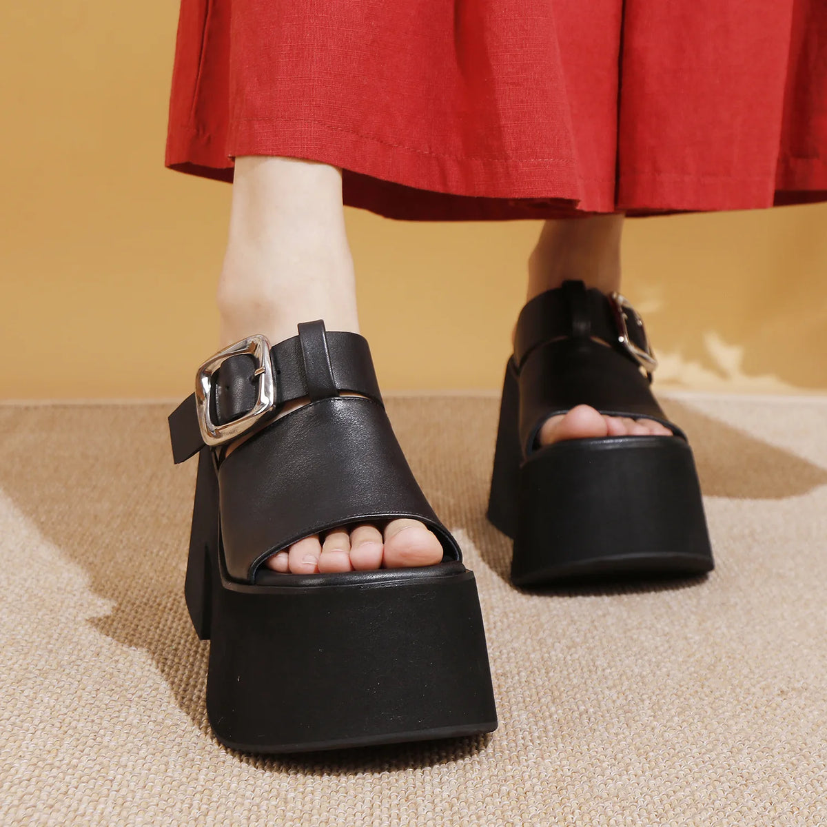 GKTINOO 2026 Summer New Genuine Leather Thick Soled Height Increasing Slippers Fashionable Women's Super High Heels Sandals Pi-Mart