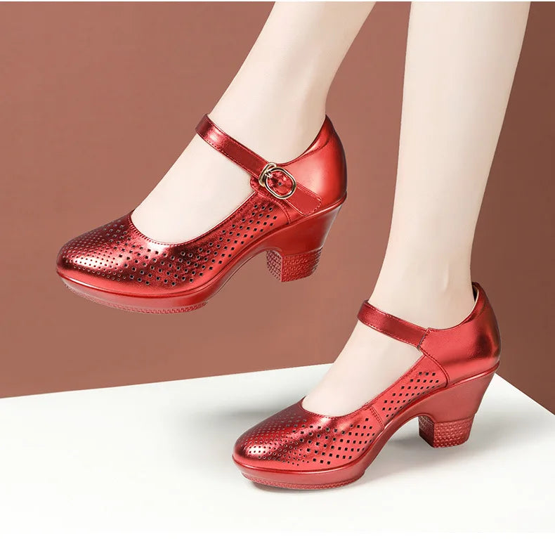 5.5cm 7.5cm Small Size 33 Breathable Cutout Block Heels Shoes Mary Janes 2026 Soft Leather Platform Pumps for Mom Dance Model Pi-Mart
