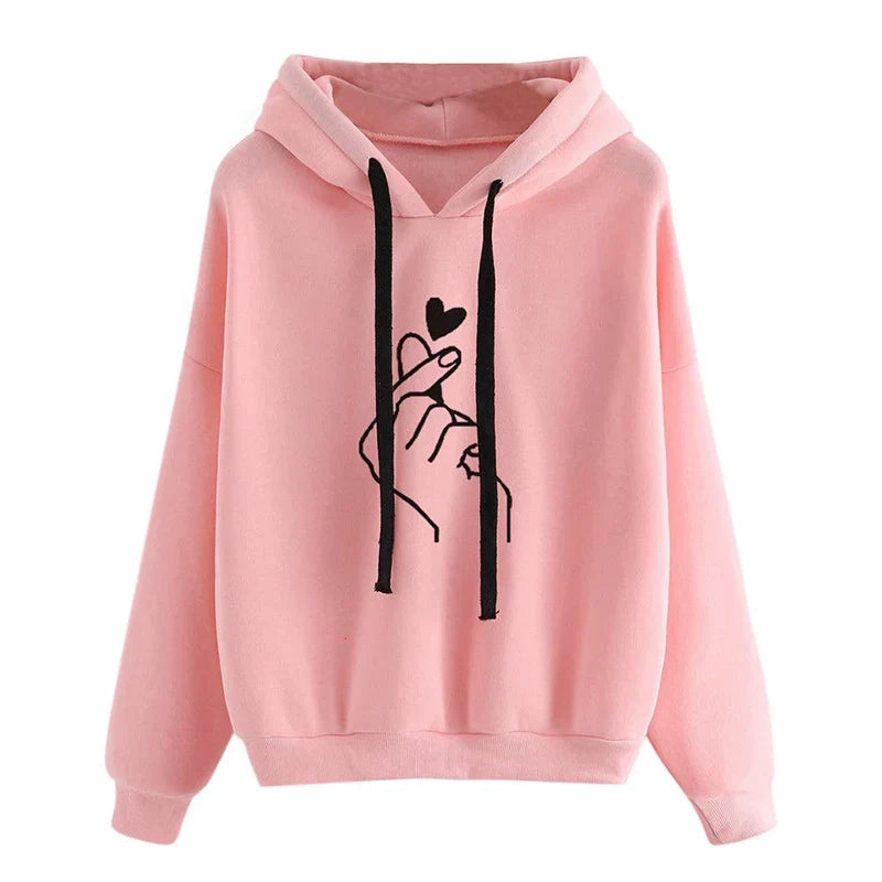 Autumn Fleece Hoodie Solid Color Finger Heart Hooded Korean Fashion Sweatshirts Long Sleeve Top Drawstring Pockets Loose Hoodies LadyShow.Store
