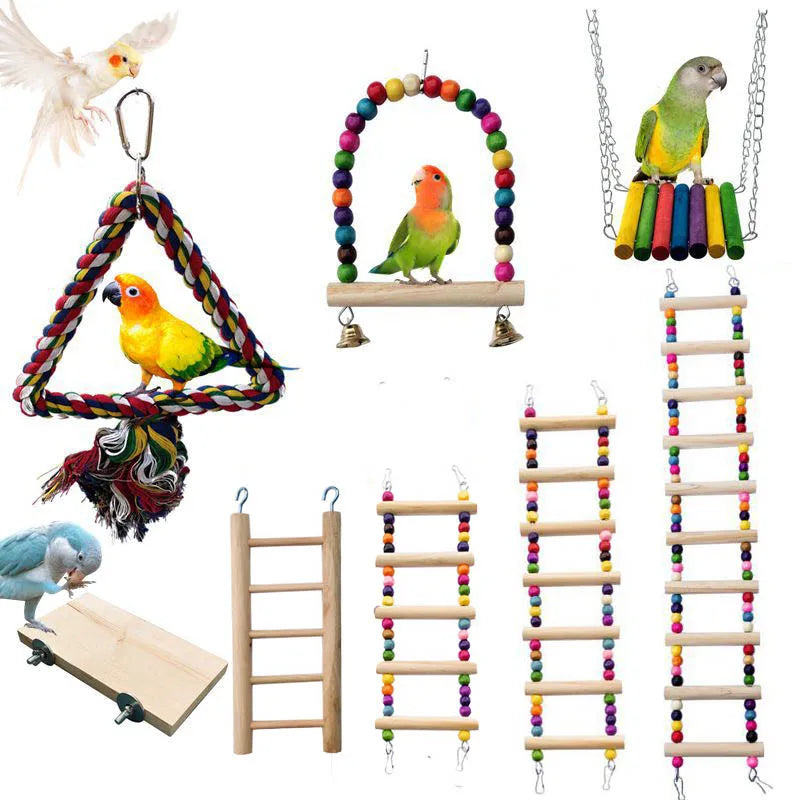 Wooden Bird Toys Small Parrot Chewing Training Toys Cotton Rope Swing Hanging Ring Bell Bird Cage Climbing Ladders Pet Supplies Pi-Mart
