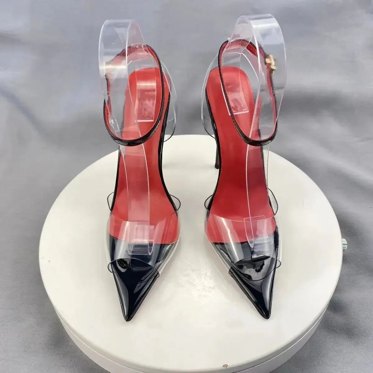New European and American electric purple ultra soft transparent PVC sandals with straight stripes and slim heels, 12cm sexy Pi-Mart