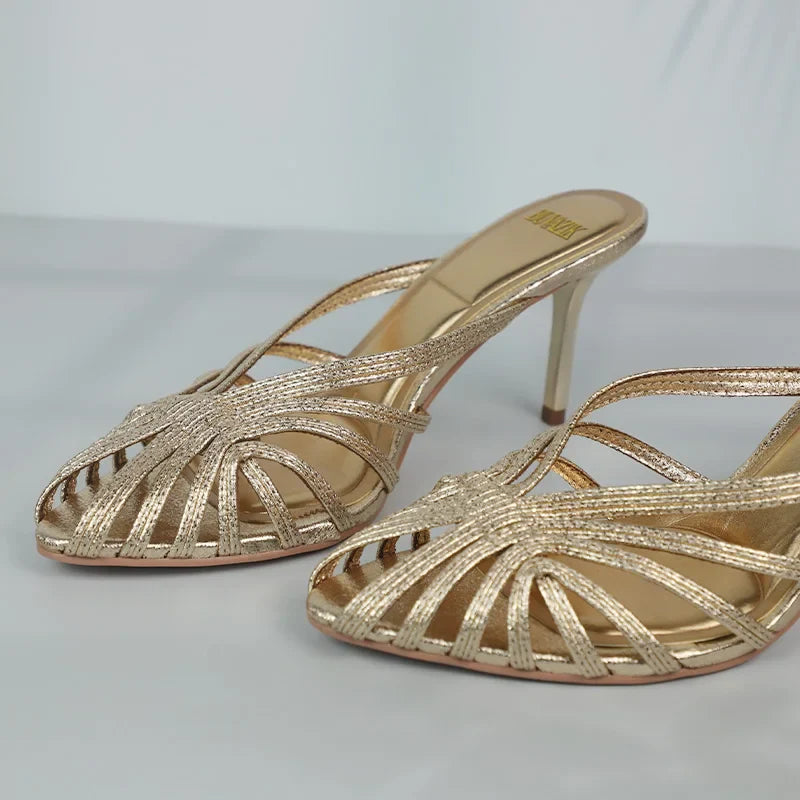 New Gold Hollow Thin Strip Heels for Women Luxury Pointed Toe Heeled Pumps Office Lady Mules Summer Stiletto Shoe Sandals 2025 LadyShow.Store