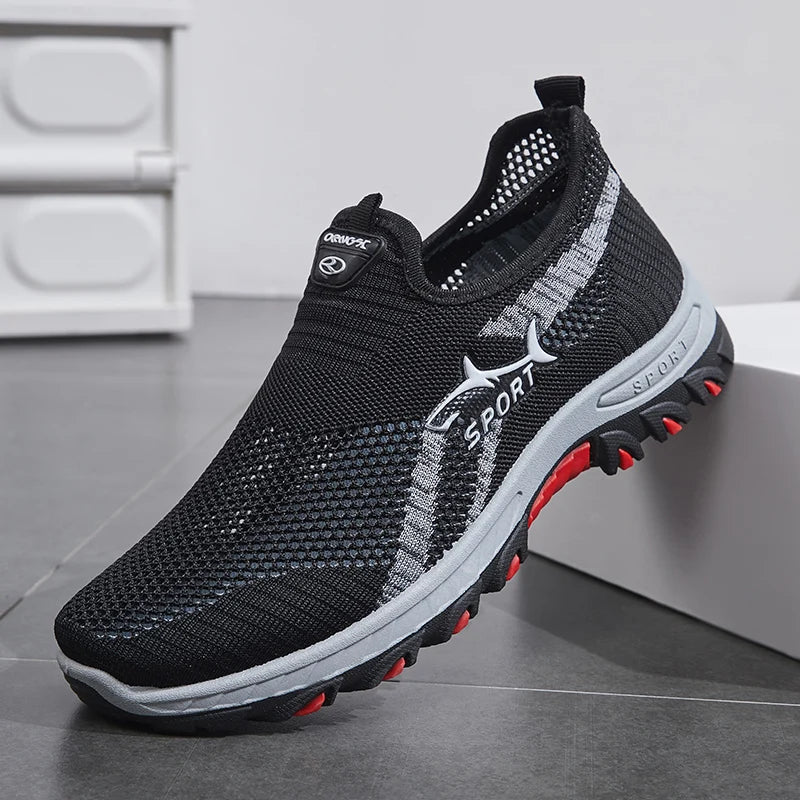 Men's lightweight slip-on sneakers - non-slip casual shoes suitable for hiking, daily wear, and outdoor adventures, black low-top fabric design, with synthetic sole, round toe, ideal for spring and autumn, hiking gear Pi-Mart
