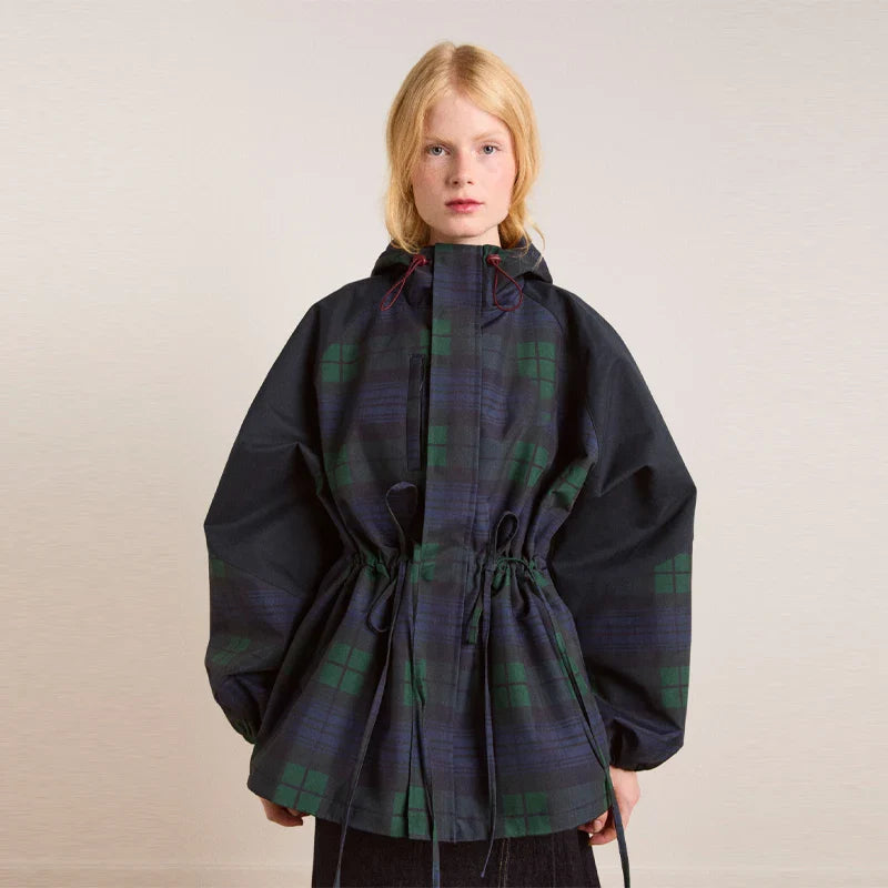 Vintage Plaid Women's Jacket Oversize Loose Stand Collar Coat Long Sleeve Hoodie Lace Up Outwears 2025 New Fall Lady Streetwears LadyShow.Store