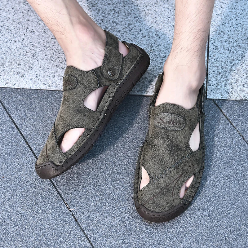 New Handmade Summer Sandals Men Breathable Leather Shoes Man Outdoor Men Sandals Antiskid Beach Sandals Hollow Shoes Fashion Pi-Mart