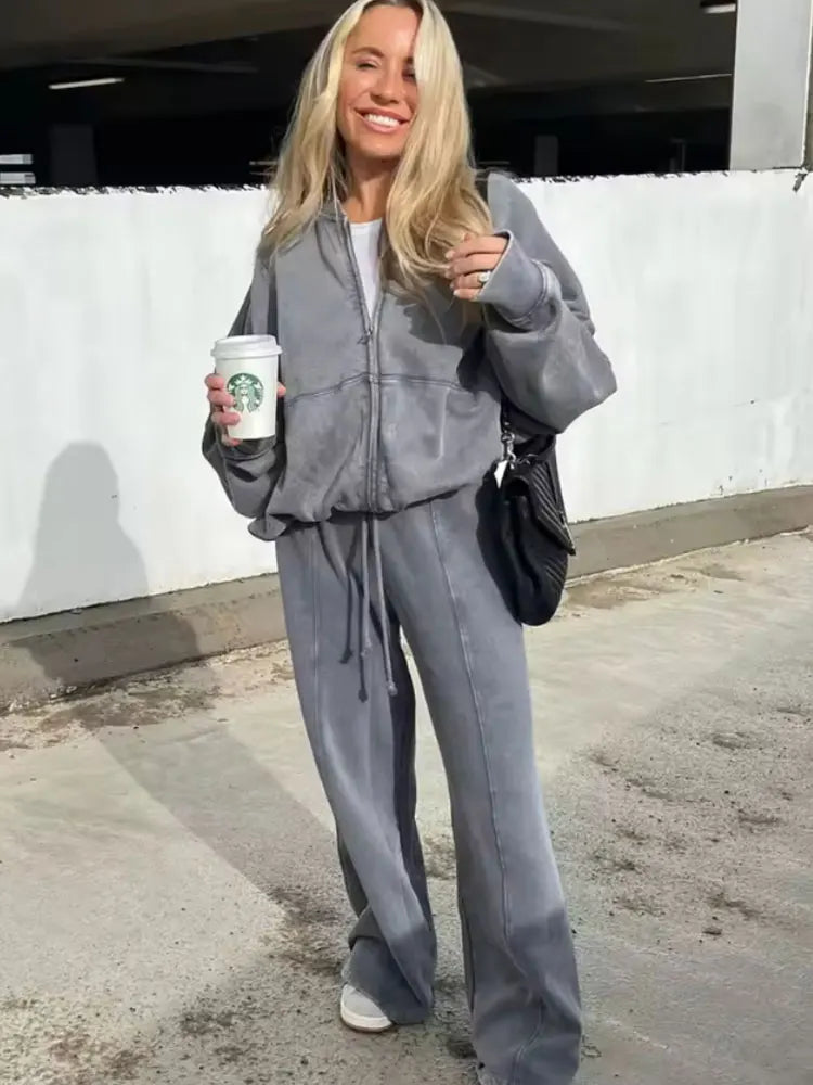HH Women's Fall 2-Piece Retro Solid Color Zip Bomber Jacket Sweatshirt+High Waist Lace Up Women's Wide Leg Pants Street Wear LadyShow.Store