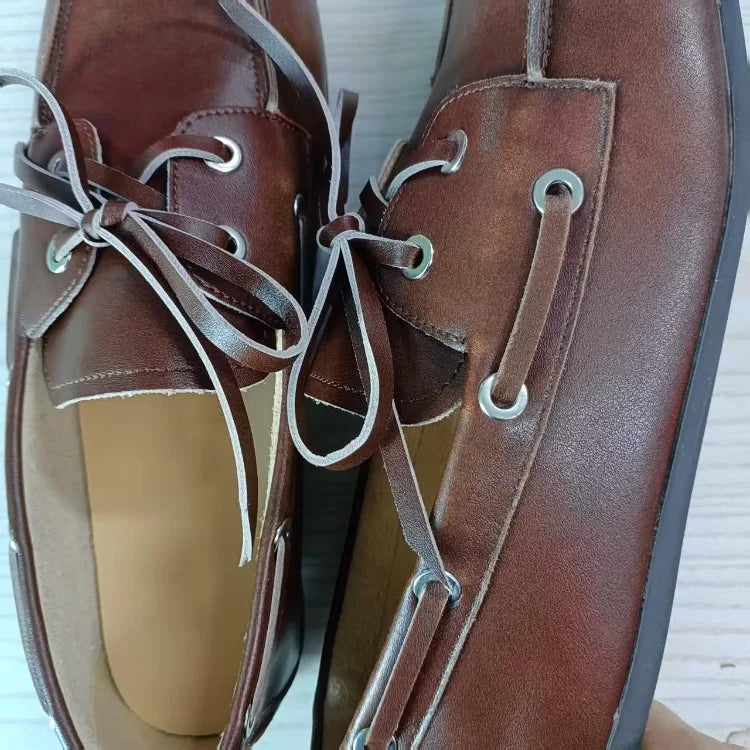 Leather Shoes for Women 2026 Spring and Autumn Sheepskin Worn Dirty Tied Soft Soled Loafer Shoes Retro One Foot Women's Shoe Pi-Mart