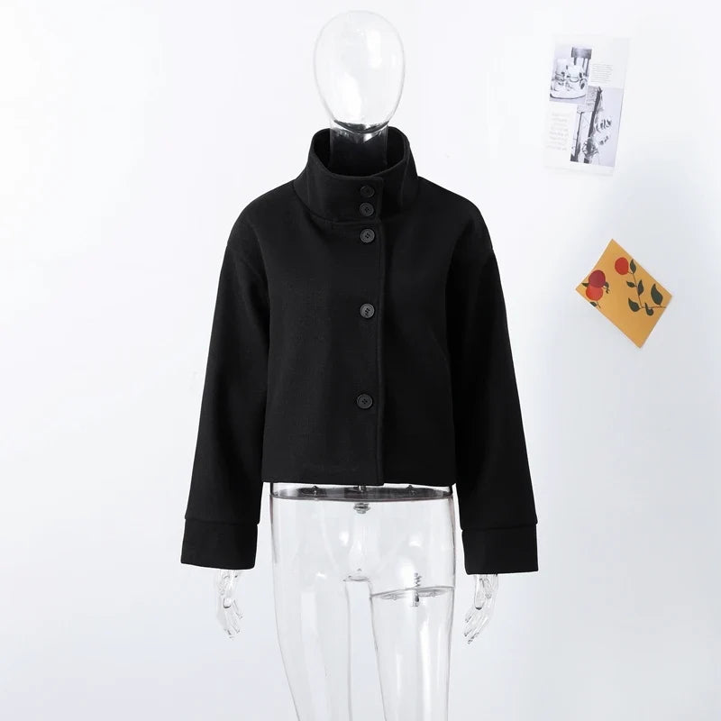 Fashion Short Woolen Coat For Women Stand Collar Full Sleeve Loose Zipper Jacket Female 2025 Spring Autumn Solid Lady Outwear LadyShow.Store
