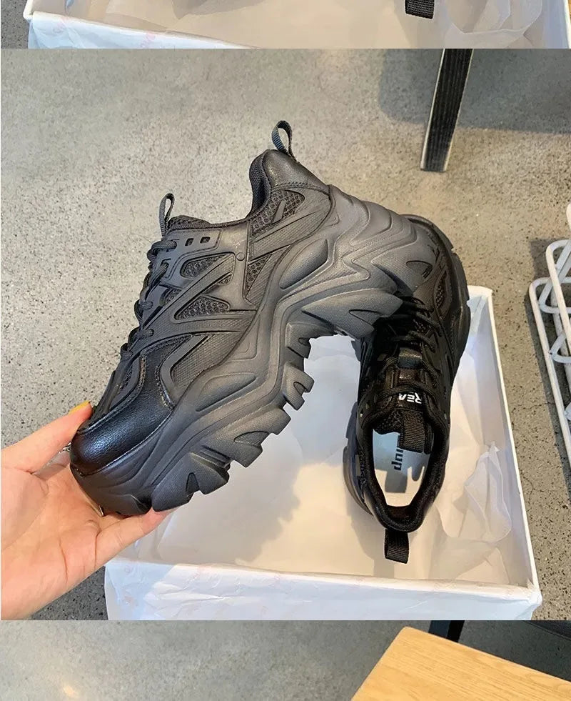 Women New Fashion Platform Sport Shoes Women 2024 New Summer Black Casual Chunky Sneakers Women Mesh Leather Platform Shoes Pi-Mart