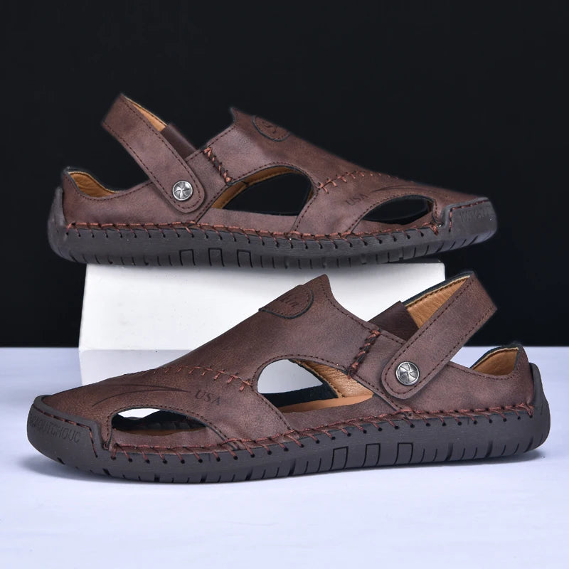 New Handmade Summer Sandals Men Breathable Leather Shoes Man Outdoor Men Sandals Antiskid Beach Sandals Hollow Shoes Fashion Pi-Mart