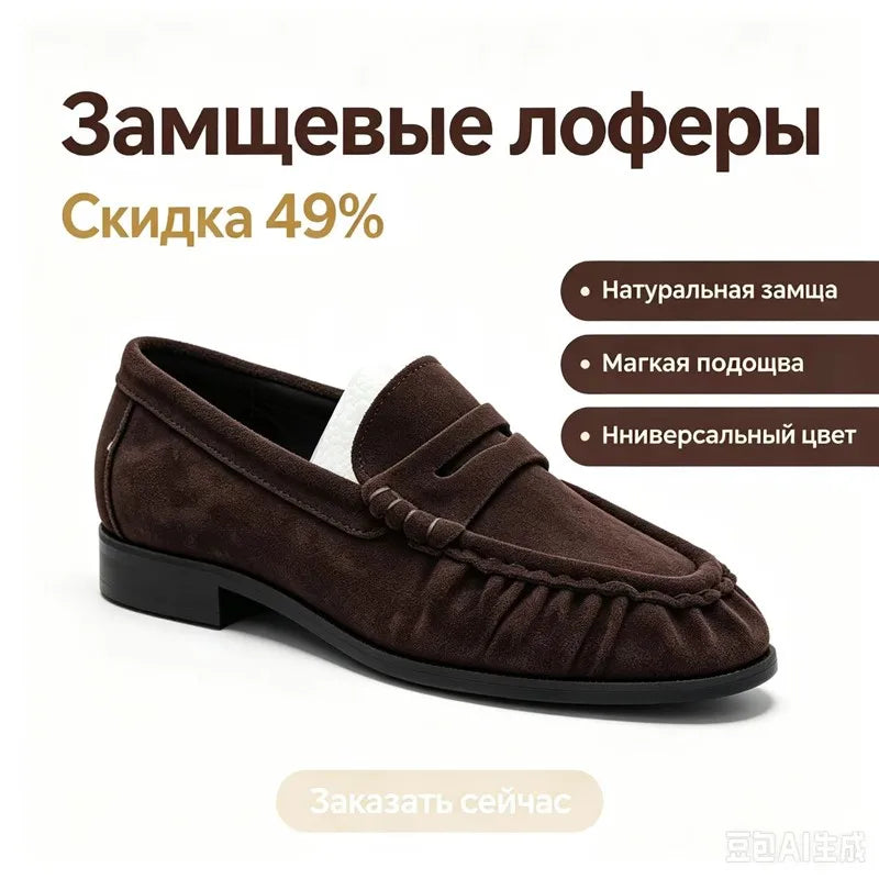 Lady Loafers 2026 Model Handcrafted Retro Pleated Single Shoes for Women, Women's Low-Heeled Leather Suede Shoes Pi-Mart