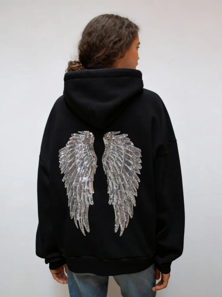 Women's Shinny Sequin Angel Wings Hooded Jacket Pant Long Sleeve Loose Casual Hooded Pullover 2025 New Lady Y2K Autumn Outwears LadyShow.Store