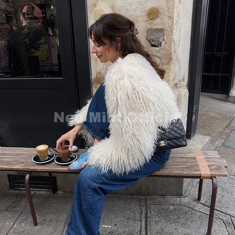 Neo Mint Chic Street Girls Round Neck Faux Mongolia Sheep Fur Coat Women 2025 Winter Fluffy Warm Fur Jacket Cropped Outerwear LadyShow.Store