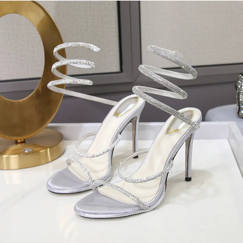 Fashion Summer Snake Twine Around Crystal Women Sandals Luxury Rhinestones Thin High heels Gladiator Sandals  Party Prom Shoes Pi-Mart