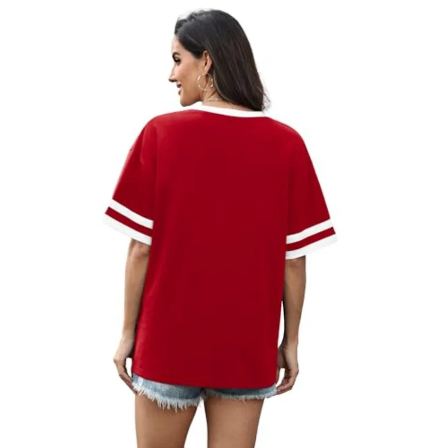 Womens T Shirts Loose Fit Short Sleeve Tees V Neck Color Block Summer Tops 26 Fashion S4XL LadyShow.Store