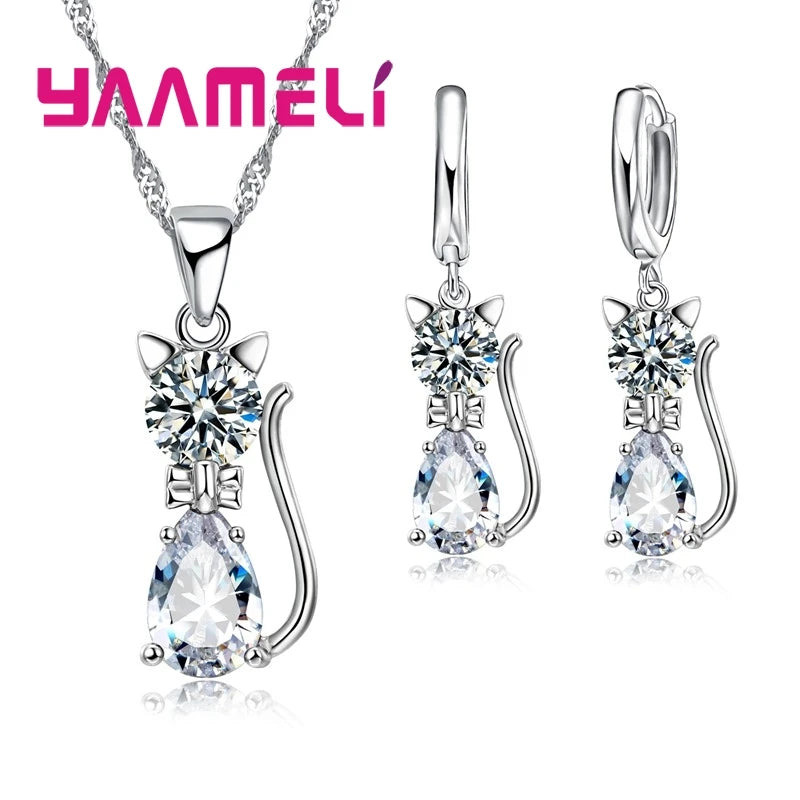 Real 925 Sterling Silver Color Jewelry Sets for Woman Girls Shining Austrian Crystal Cute Cat Pendant Necklace Huggie Earring Pi-Mart