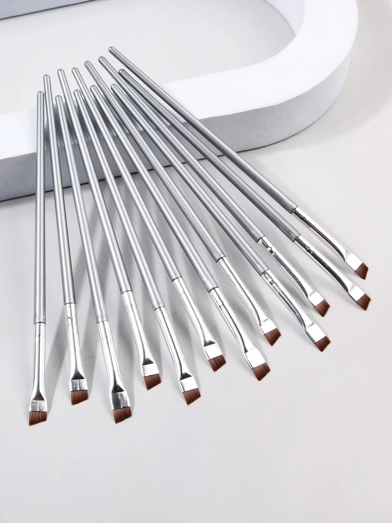 12pcs silvery Super Thin Blade Eyeliner Brush & Soft Makeup Brush Set, Portable Eyebrow Brush & Multipurpose Cosmetic Tool Tri Light Beauty
