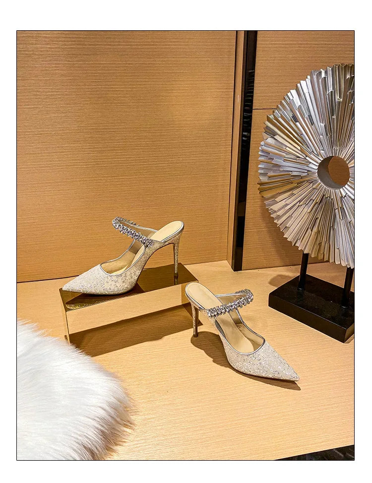 New Fashionable Thin Heel Pointed Water Diamond Mesh Hollow Sandals with Design Sense Half Dragged Muller Shoes ForOuterwear Pi-Mart